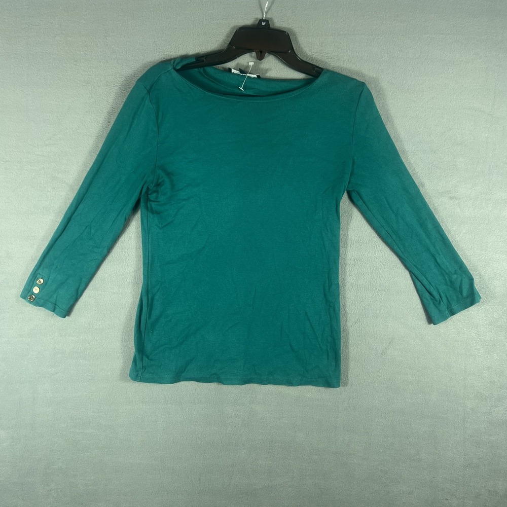 Jones New York Signature Women's M Teal 3/4 Sleeve Boat Neck Cotton Top Blouse